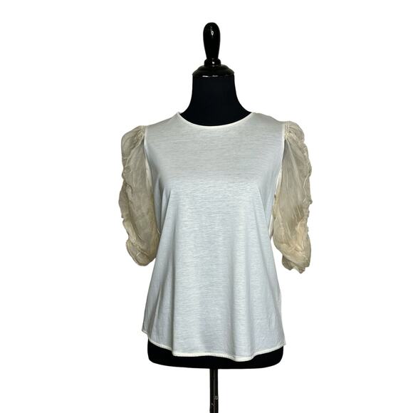 Sandro cream with sheer puff chiffon sleeve knit blouse top size 2 - Picture 1 of 16